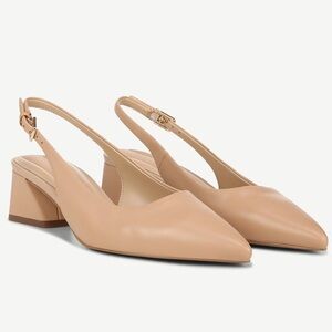 Franco Sarto Racer Slingback Chunky Heels Beige w/Pointed Toe EUC Size 8 W Wide